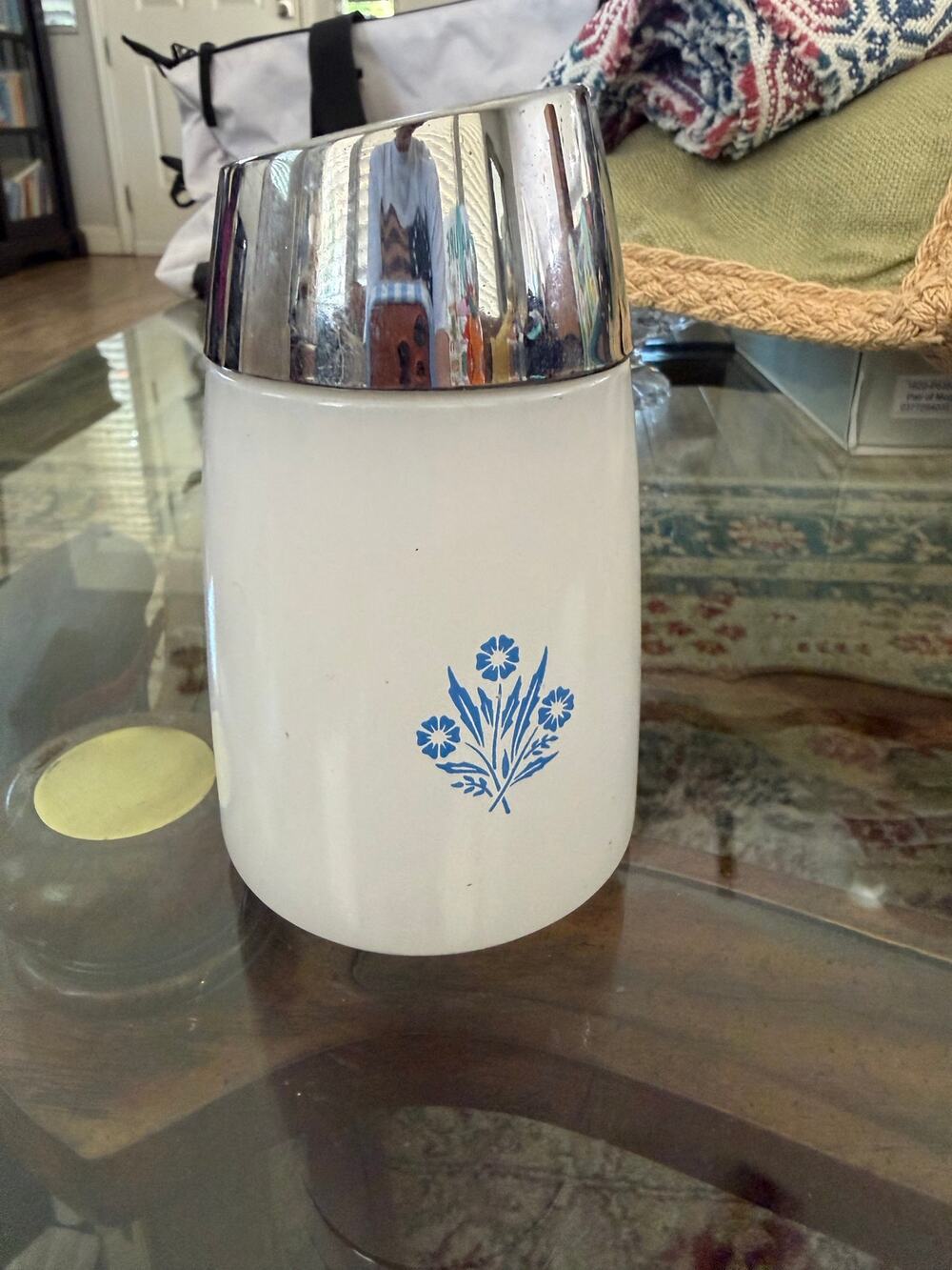 Vintage Santa Barbara Dispenser White Milk Glass Sugar Shaker Blue Morning Glory